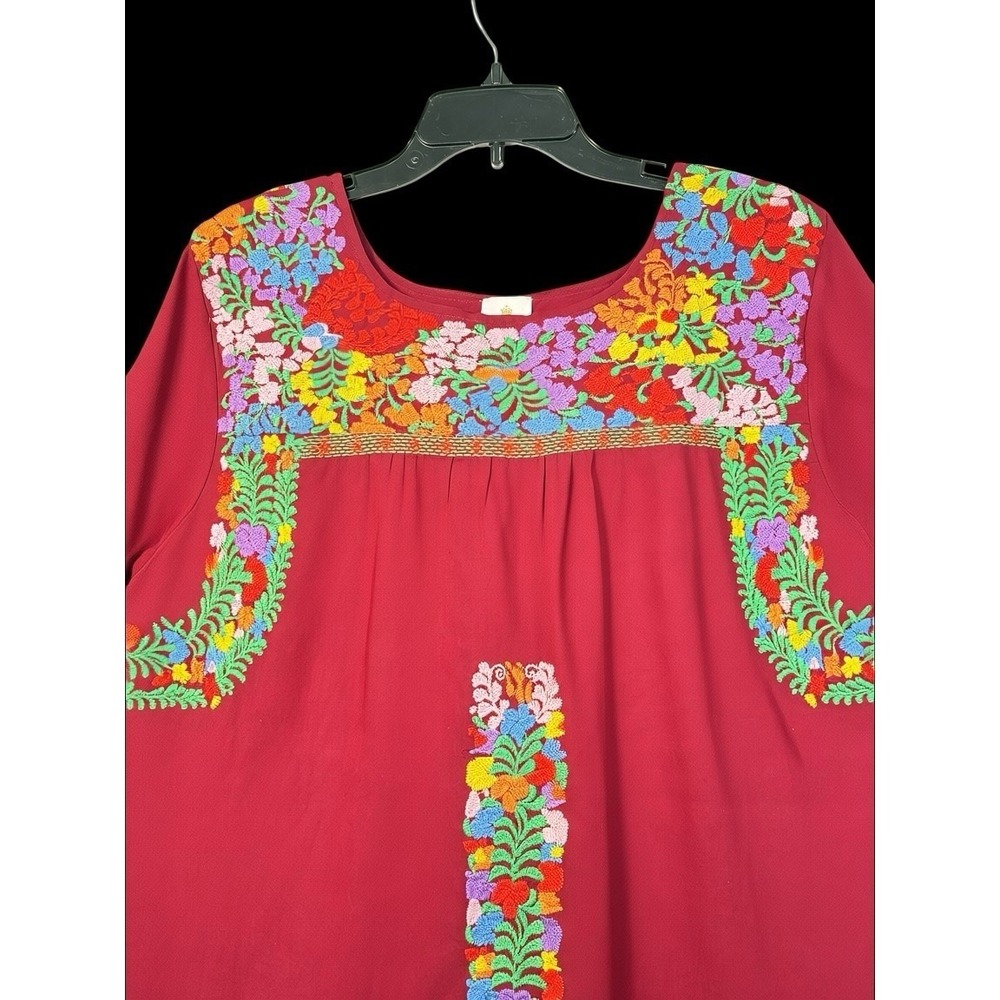 Women's J Marie M‎ Maroon 3/4 Sleeve Floral Embroidered Dress Pockets! Preowned
